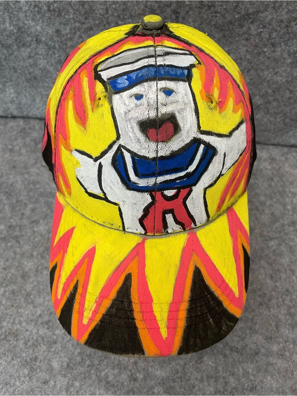 Hand Painted Stay Puft Marshmallow Man Flame Hat Graffiti Streetwear Cap OOAK